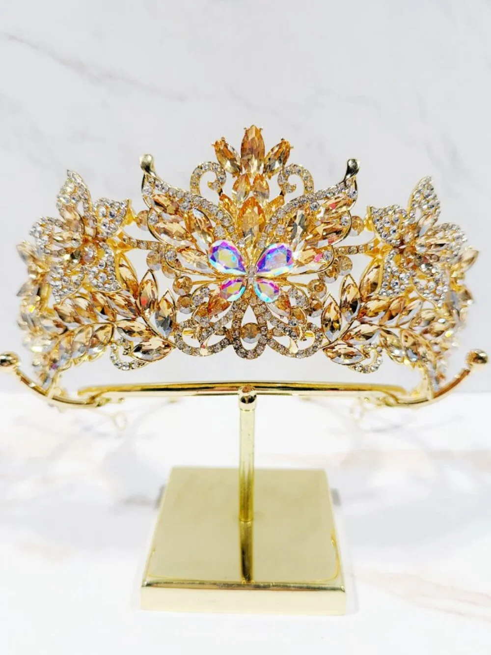 Champagne Crystal Butterfly Tiara Crown Gold Tone Pageant Prom Wedding Headpiece